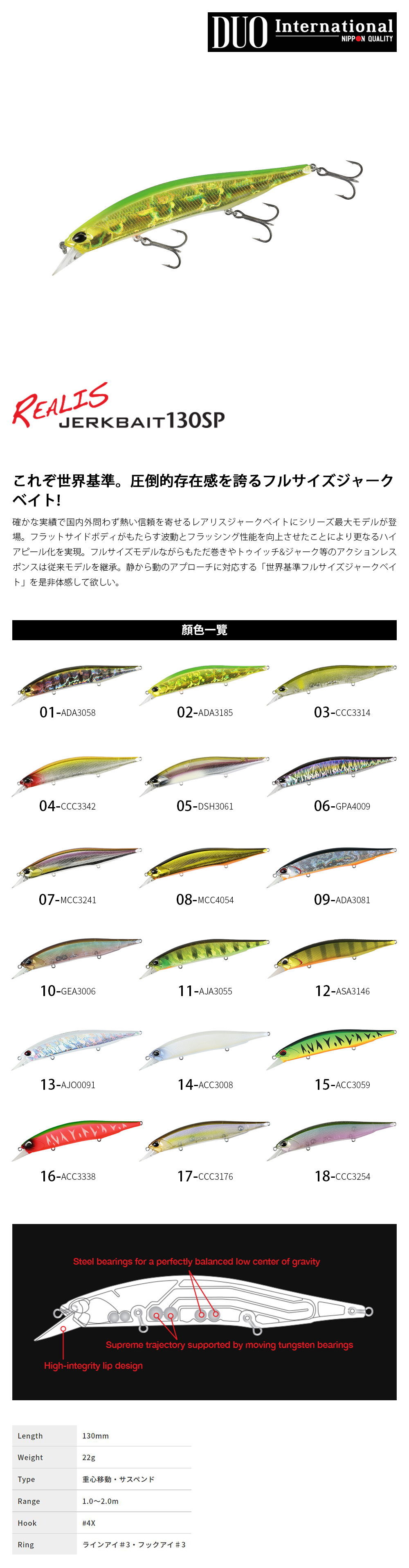 Leurre Suspendu Duo Realis Jerkbait 130SP Pike - Modèle ACCZ049, 22g, Avec Cliquetis